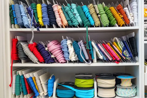 Renkli tekstil ipleri, kumaş ipleri, mağazada satılık aksesuarlar..