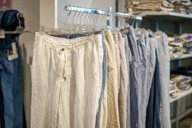 Günlük pantolon koleksiyonu bir giyim mağazasındaki askılara güzelce asılır. Bej ve mavinin farklı tonları çekici bir görsel ekran oluşturur, müşterileri gezmeye davet eder.