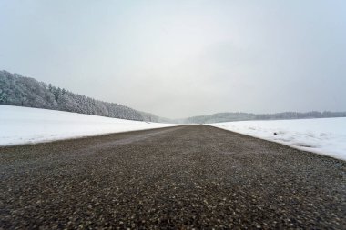 Uzun, boş bir yol karla kaplı bir kış manzarasına çıkar, karlı ağaçlarla kaplı, bulutlu gri bir gökyüzünün altında. Atmosfer sakin ve huzurlu..