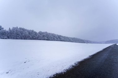 Sakin bir kış ayarı, boş bir yol boyunca zemini kaplayan muazzam bir kar örtüsünü içerir. Uzun ağaçlar karla kaplanır ve barışçıl bir atmosfer yaratır..