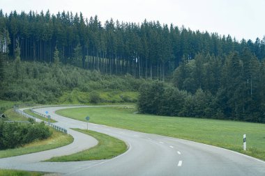 Kıvrımlı bir otoyol, her iki tarafında sık ormanlar bulunan canlı yeşil bir arazi boyunca uzanır. Yol hafifçe esiyor, gezginleri sakin kırları keşfetmeye çağırıyor..