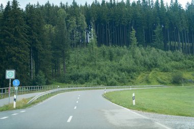 Kıvrımlı bir yol canlı yeşil bir ormanın etrafında kıvrılır. Her iki tarafta da uzun ağaçlar yükselir ve dingin bir atmosfer yaratır. Bulutlu gökyüzü muhtemel yağmuru işaret ediyor, sakin kırsal ortamı güçlendiriyor.
