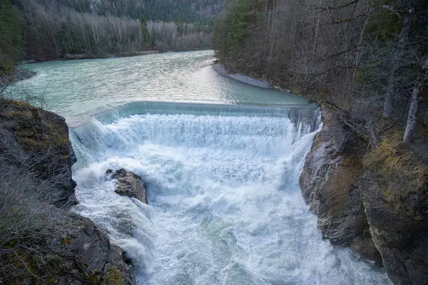 Güçlü bir şelale, yumuşak sabah ışığı altında yemyeşil ağaçlarla çevrili sakin bir nehre dökülür. Huzurlu sahne doğanın güzelliğini yakalar..