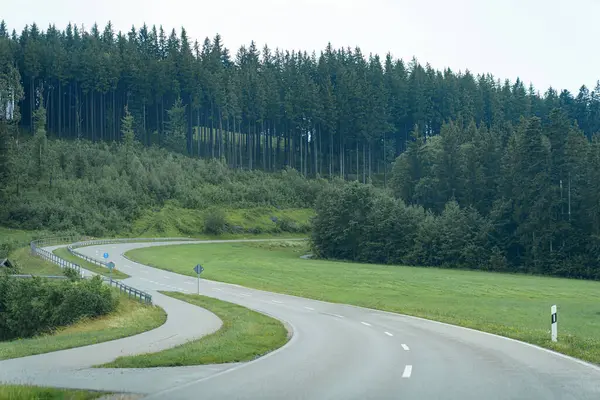 Kıvrımlı bir otoyol, her iki tarafında sık ormanlar bulunan canlı yeşil bir arazi boyunca uzanır. Yol hafifçe esiyor, gezginleri sakin kırları keşfetmeye çağırıyor..