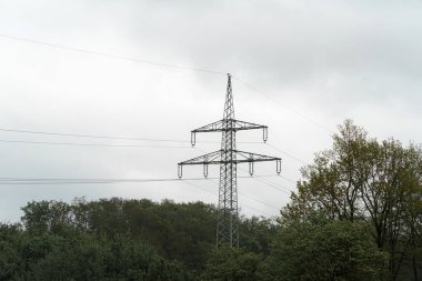 Uzun bir elektrik hattı kulesi bulutlu gökyüzünün altında, sık ağaçlardan oluşan bir zemin üzerinde duruyor..