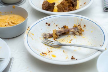 Lezzetli bir yemeğin artıkları boş tabaklar ve kemik artıklarıyla bir masada oturur. Atmosfer neşe ve neşe dolu bir toplanma olduğunu gösteriyor..