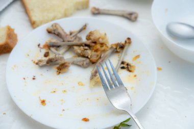 Masanın üzerinde beyaz bir tabak, dağınık kemikler ve ekmek parçalarıyla birlikte yemeğin kalıntılarını gösteriyor. Sıradan bir açık hava yemek deneyimini yansıtıyor..