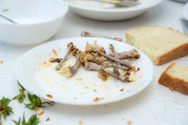 Tabaklar, artık tavuk kemikleri, ekmek kırıntıları ve sebze kırıntılarıyla dolu doyurucu bir yemeğin kalıntılarını gösteriyor..
