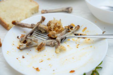 Kalan tavuk kemikleri ve kırıntıları tabakta sergileniyor. Bu da tatmin edici bir yemeğin tadını çıkardığını gösteriyor. Gündelik bir toplantının ipuçları, belki açık havada, parlak güneş ışığı altında..