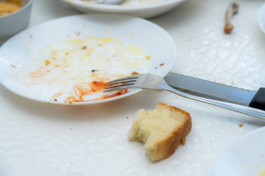 Tabaklar masaya saçılmış. Paylaşılan yemeğin artıklarını gösteriyor. Bir parça ekmek çatal bıçak takımının yanında duruyor. Atmosfer sıcak bir toplantı ve iyi bir arkadaş öneriyor..