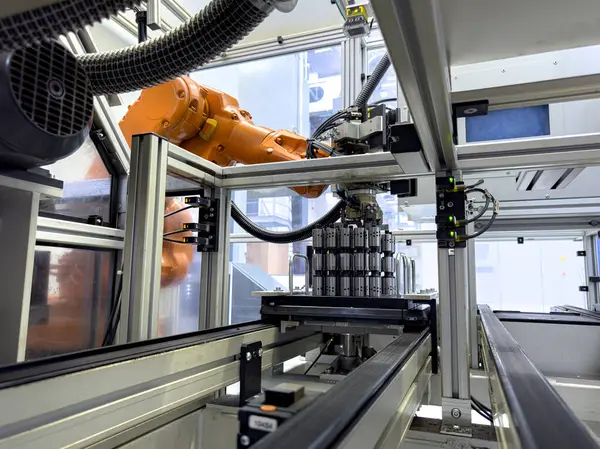 Otomatik endüstriyel bir ortamda çalışan bir robot kol, parçaları hassasiyetle birleştirir. Kontrollü ortamda iş yerinde gelişmiş üretim teknolojisi sergileniyor.