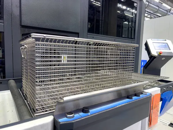 İyi ışıklandırılmış bir endüstriyel tesisteki bir kontrol istasyonunda metal bir sepet konveyör sistemi üzerinde duruyor. Çevrede modern makineler ve temiz bir çalışma alanı sergileniyor.