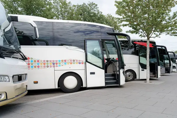 Birçok otobüs bir aktarma istasyonuna park edilmiş renkli tasarımlarını sergiliyorlar. Bulutlu bir gökyüzü beliriyor ve ağaçlar yakınlarda yeşillik sağlıyor..