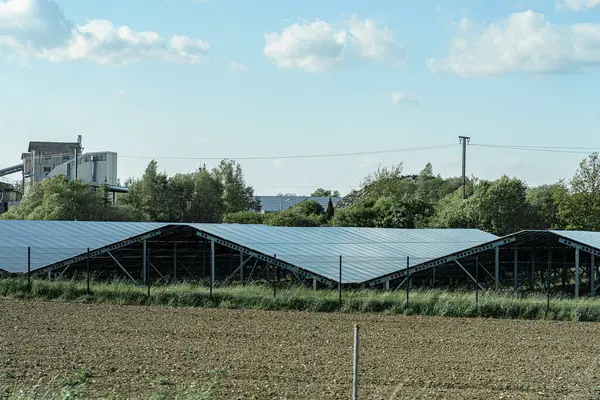 Tarım arazisi üzerine kurulmuş güneş panelleri kırsal araziye karşı bir karşıtlık yaratır. Kurulum, yeşilliklerle çevriliyken yenilenebilir enerji kaynaklarına doğru bir kaymayı vurguluyor.