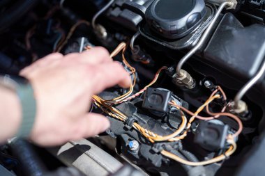 Bir tamircinin eli bir arabanın motor bölmesine uzanıyor, öğleden sonra güneşinde rutin bir bakım görevi sırasında kablo bağlantılarını ve bileşenleri inceliyor..