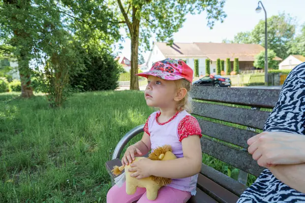 Kıvırcık saçlı ve renkli şapkalı bir çocuk elinde doldurulmuş bir aslanla bankta oturur ve güneşli bir öğleden sonra düşünceli bir şekilde parka bakar. Yakınlarda, bir insan onun yanında oturuyor..