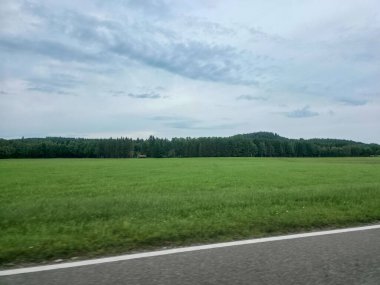 Geniş yeşil alanlar, bulutlu bir arka plan altında dolambaçlı bir kır yolu boyunca uzanır. Kümülüs bulutları, akşam ışığında değişen hava hakkında ipucu verir..