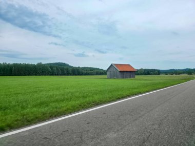 Parlak turuncu çatılı küçük ahşap bir kulübe uçsuz bucaksız yeşil bir arazide tek başına duruyor. Çevresindeki manzarada yumuşak tepeler ve bulutlu bir gökyüzü var, sakin bir atmosfer yaratıyor..