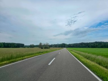 Pürüzsüz bir otoyol, bulutlu bir gökyüzünün altında ağaçlarla çevrili geniş yeşil alanlar boyunca uzanır ve sakin bir kırsal atmosfer yaratır..
