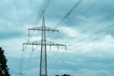 Yüksek elektrik hatları, yoğun bulutlarla dolu gri bir gökyüzüne doğru uzanır. Sahne, sakin kırsal bir ortamda doğa ve altyapının karışımını yakalıyor..