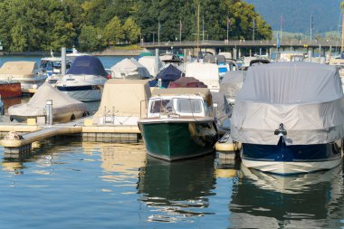 Bir marinada düzgünce demirlenmiş sayısız tekne var. Güneş sudan yansıyor ve ağaçlar resim sahnesini çerçeveliyor. Huzurlu bir atmosfer yaratıyor..