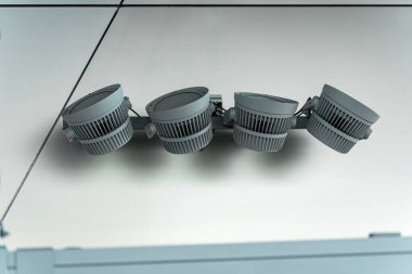 This lighting setup features four sleek, adjustable bulbs mounted on a minimalistic track. The fixture hangs from a clean ceiling, enhancing contemporary design.