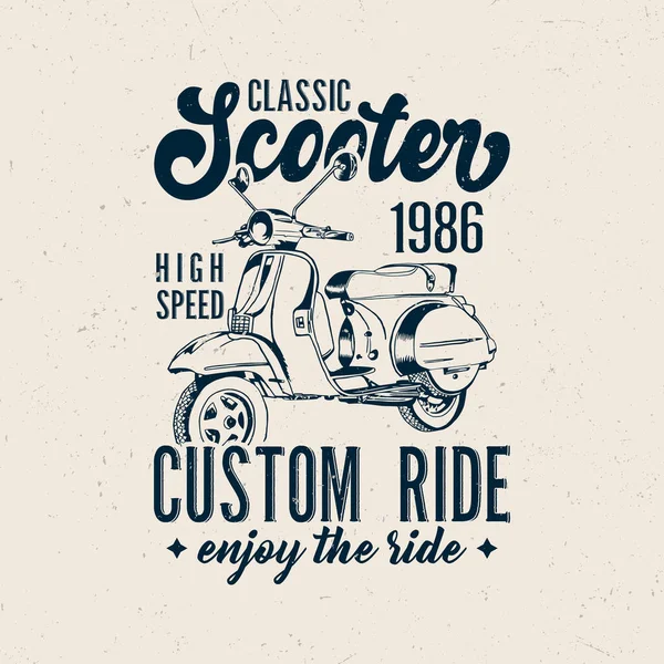 Klassisk Scooter Shirt Design Handritad Illustration — Stock vektor