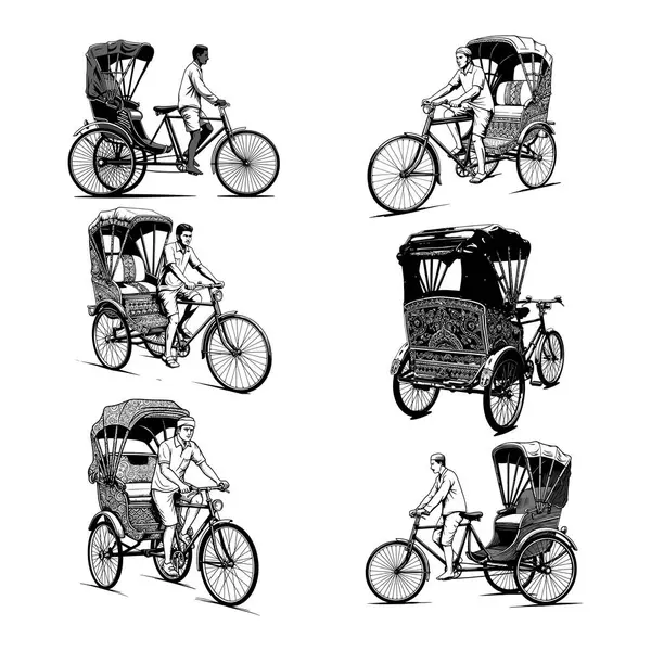 Güney Asya Vintage Çizim Seti Geleneksel Bisiklet Rickshaw