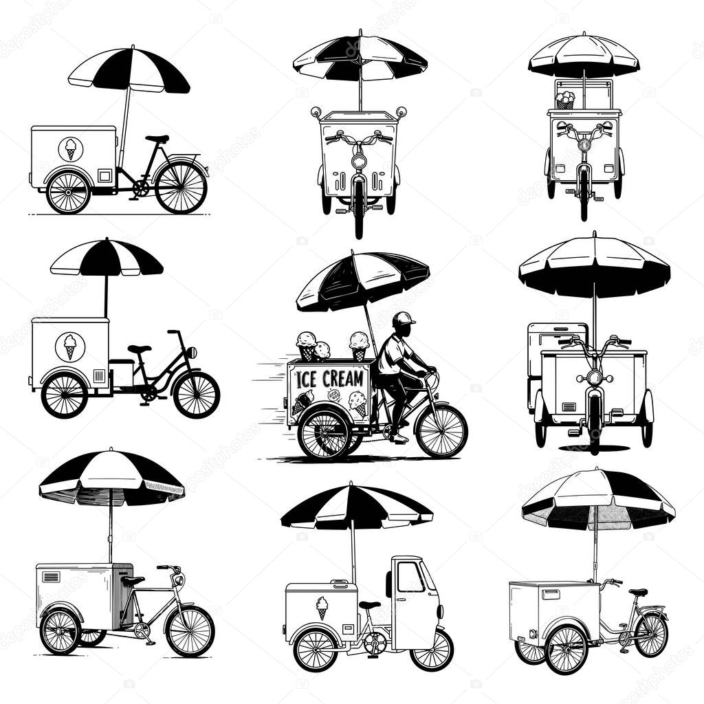 Vintage Ice Cream Cart and Bicycle Vendor Sketch Illustration Set