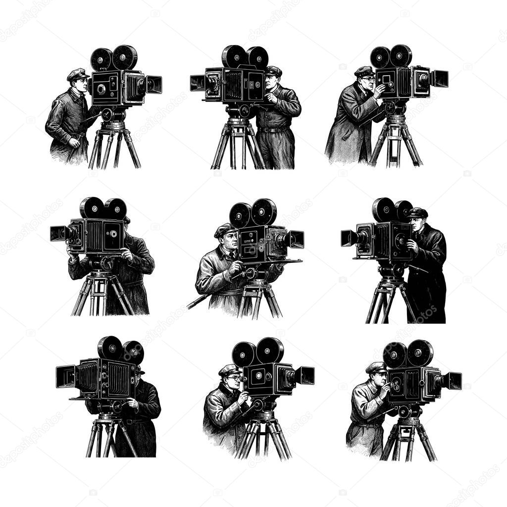 Vintage Cameraman with Antique Film Camera Engraving Illustration Set