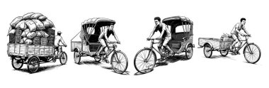Güney Asya Bisiklet Rickshaw ve Kargo Van Sokak Hayat Çizimi