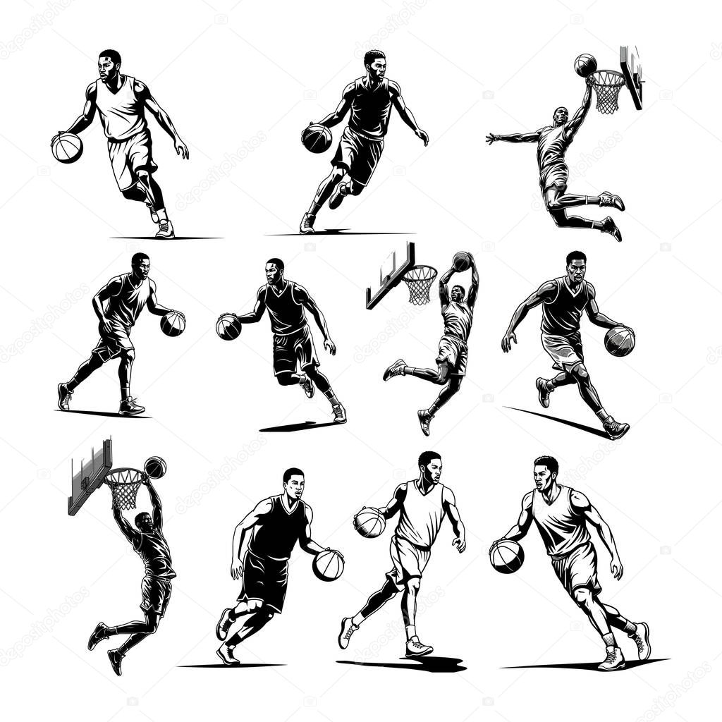 Basketball Player Action Poses Graphic Illustration Set
