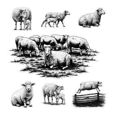 Pastada Koyun ve Kuzular Sürüsü Vintage Gravür Çizim Seti