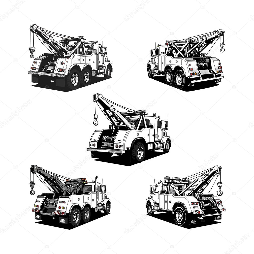 Heavy-Duty Wrecker Tow Truck Sketch Illustration Set