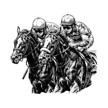 At Yarışı Boyun ve Boyun - Jokeyler ve Atlar Çizim Çizimi