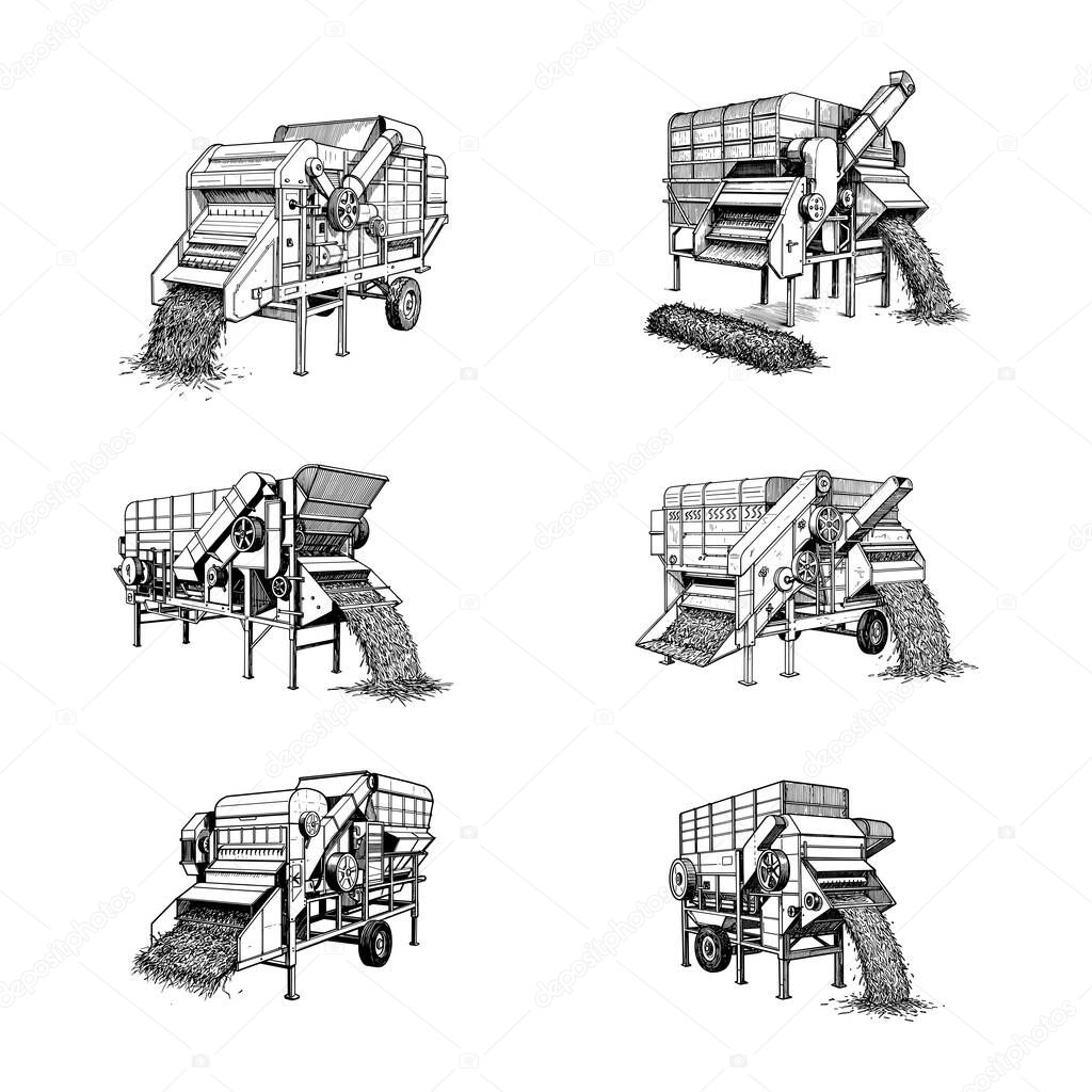 Agricultural Thresher Machine - Vintage Harvest Equipment Engraving Set
