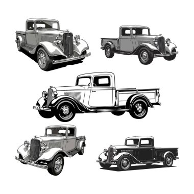 Vintage Pickup Truck - Klasik 1930 Otomotiv İllüstrasyon Seti