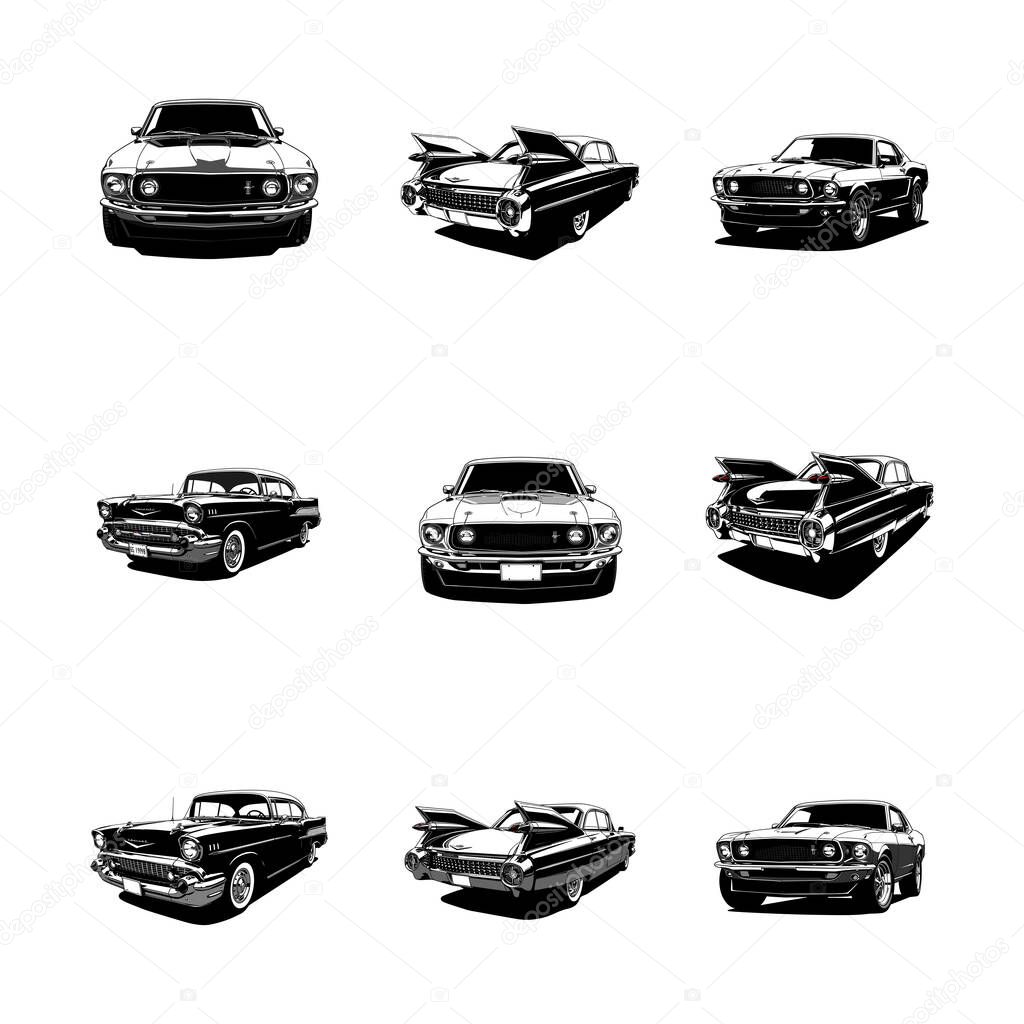 Classic American Cars - Ford Mustang & 1957 Chevy Illustration Set