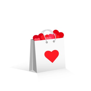 Sevgililer günün kutlu olsun. Kalpli bir hediye paketi. Beyaz arka planda alışveriş torbası. Vektör İllüstrasyonu.