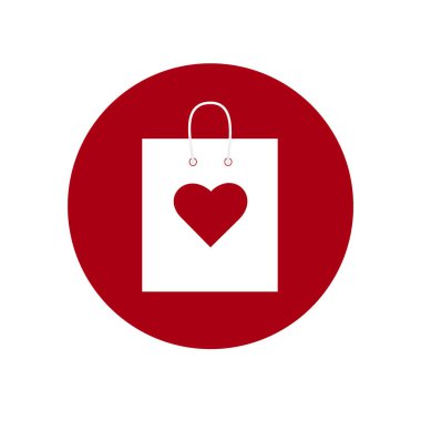 Kalbi olan beyaz bir alışveriş torbası. Düz simge kırmızıda izole edildi. Vektör çizimi. Aşk hediye alışveriş sembolü. Sevgililer günü hediyesi. Tatil satış sembolü.
