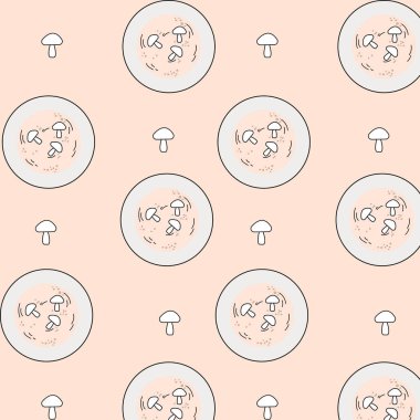 Yemeksiz desen. Mantar çorbası. Düz çizgi film tarzı. El çizimi renk çizimi..