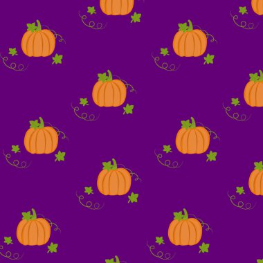 Mor arka planda balkabakları. Balkabağı desensiz arka plan. Vektör çizimi, sonbahar, Cadılar Bayramı, Şükran Günü için doku tasarımı..