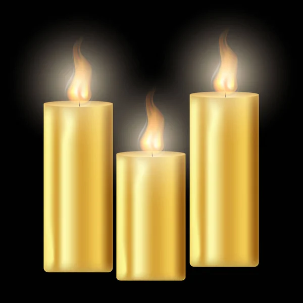 Χρυσά Κεριά Διάνυσμα Ρεαλιστικό Απομονωμένο Στρογγυλό Κερί Μπαστούνια Καύση Φλόγες — Διανυσματικό Αρχείο