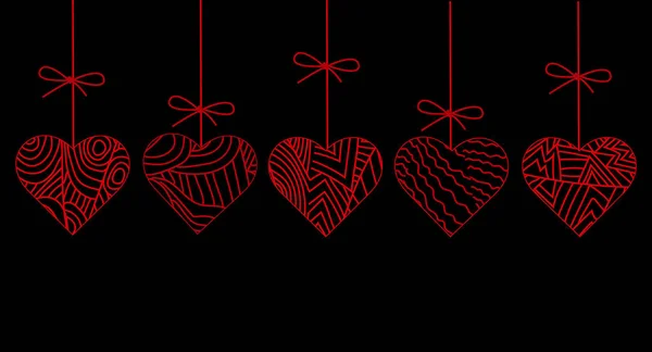 Ručně Kreslené Červené Srdce Černém Pozadí Valentýna Abstraktní Srdce Přání — Stockový vektor