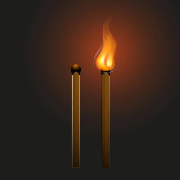 现实的全新的 燃烧和燃烧的火柴粘在黑色背景上 危险符号和易燃物体 — 图库矢量图片