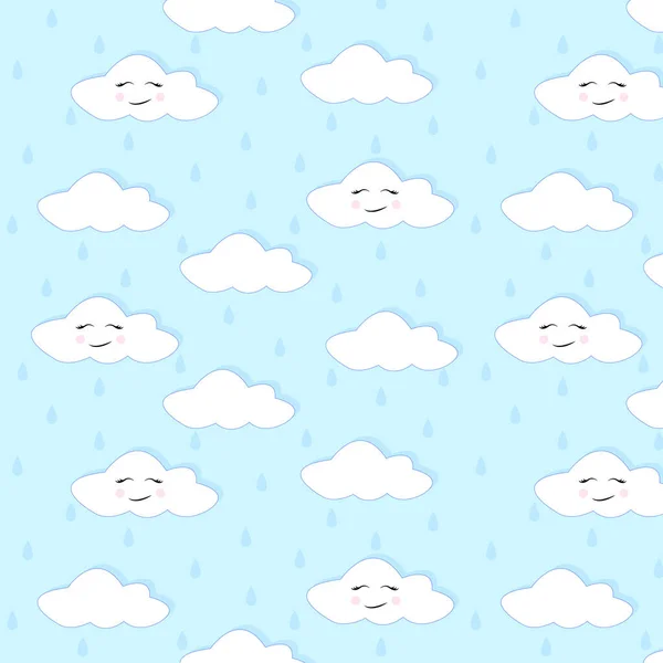 带雨滴的可爱卡通面云雾无缝图案 蓝色背景 矢量图解 — 图库矢量图片
