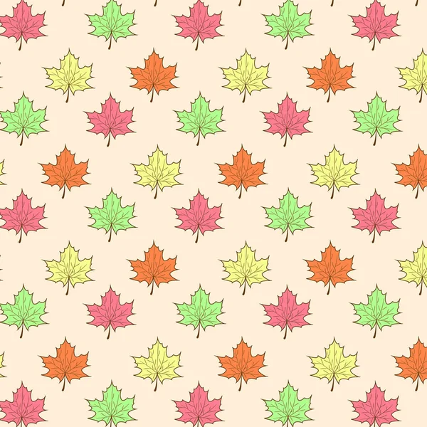 秋のメープルは対称的なシームレスなパターンを残します 手描きメープルの葉 ベクターイラスト — ストックベクタ