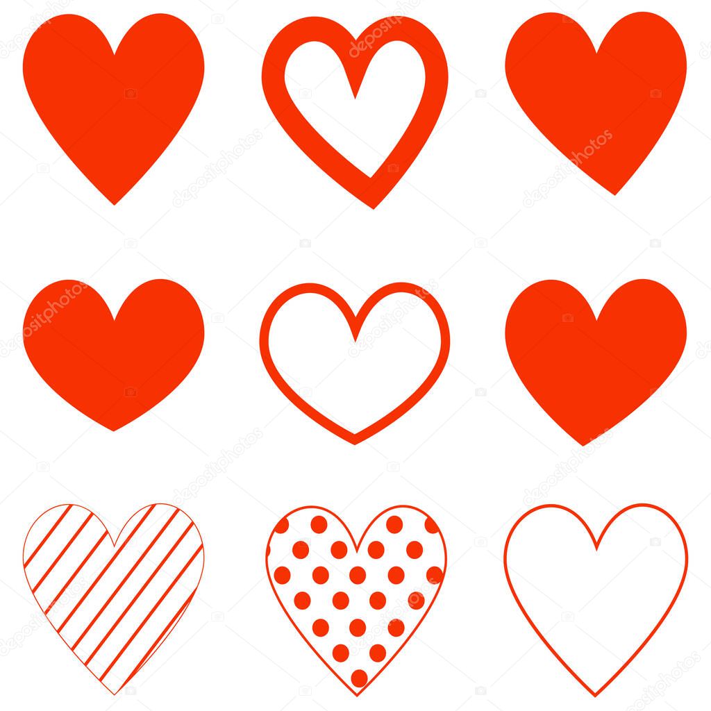 Heart hand drawn different red icons set, collection of hearts. Love symbols. Vector illustration.