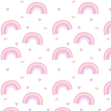 Gökkuşağı, kalp ve tacı olan kusursuz desenler. Kumaş, duvar kağıdı, giysi, kundak, giysi, planlayıcı, çıkartma. Vektör çizimi için el çizimi deseni..