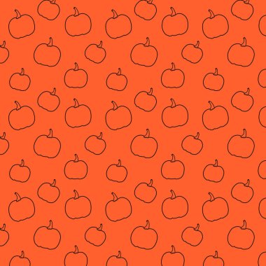 Turuncu arka planda balkabağı desenli kusursuz desen. Modern arkaplan dekorasyonu, kartlar, afişler, tatil tasarımları, baskılar, ambalajlar, tekstil, kumaşlar vs. için. Vektör illüstrasyonu.